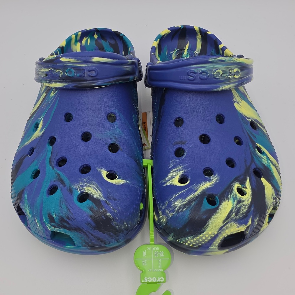 Crocs Classic Marbled Clog Blue Yellow Teal Kids J6 207464-4RR NWT